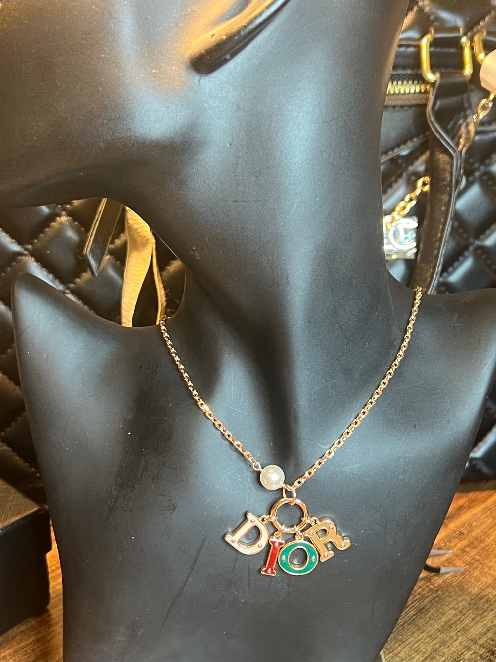 Gold-Tone Necklace with Multicolor Letter Charms and Pearl Accent
